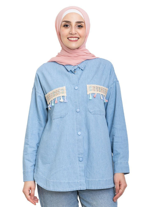 Ice Embellished Denim Shirt - Khotwh